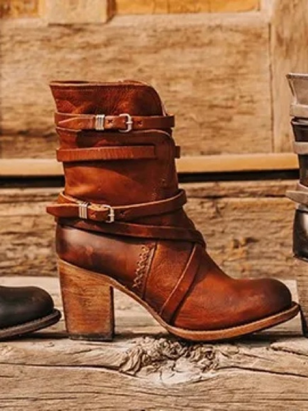 Freebird Baker Taupe and Black Leather Heeled Ankle Boots